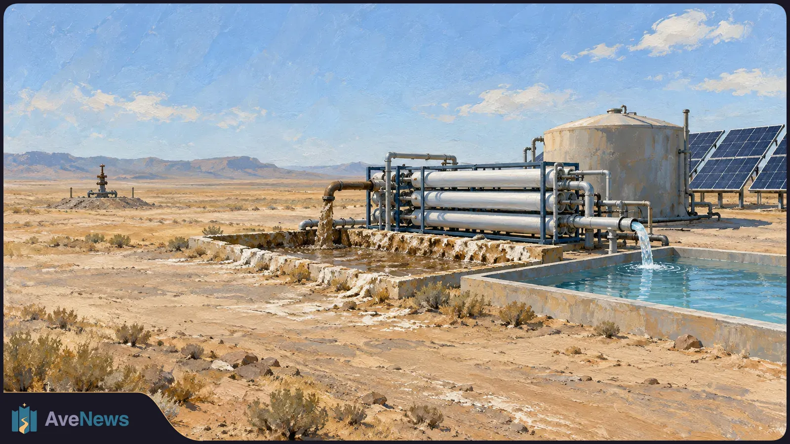 Painted desert scene with solar panels, a large tank and rows of pipes. Water pours from two outlets into basins, with mountains in the distance. SI illustration