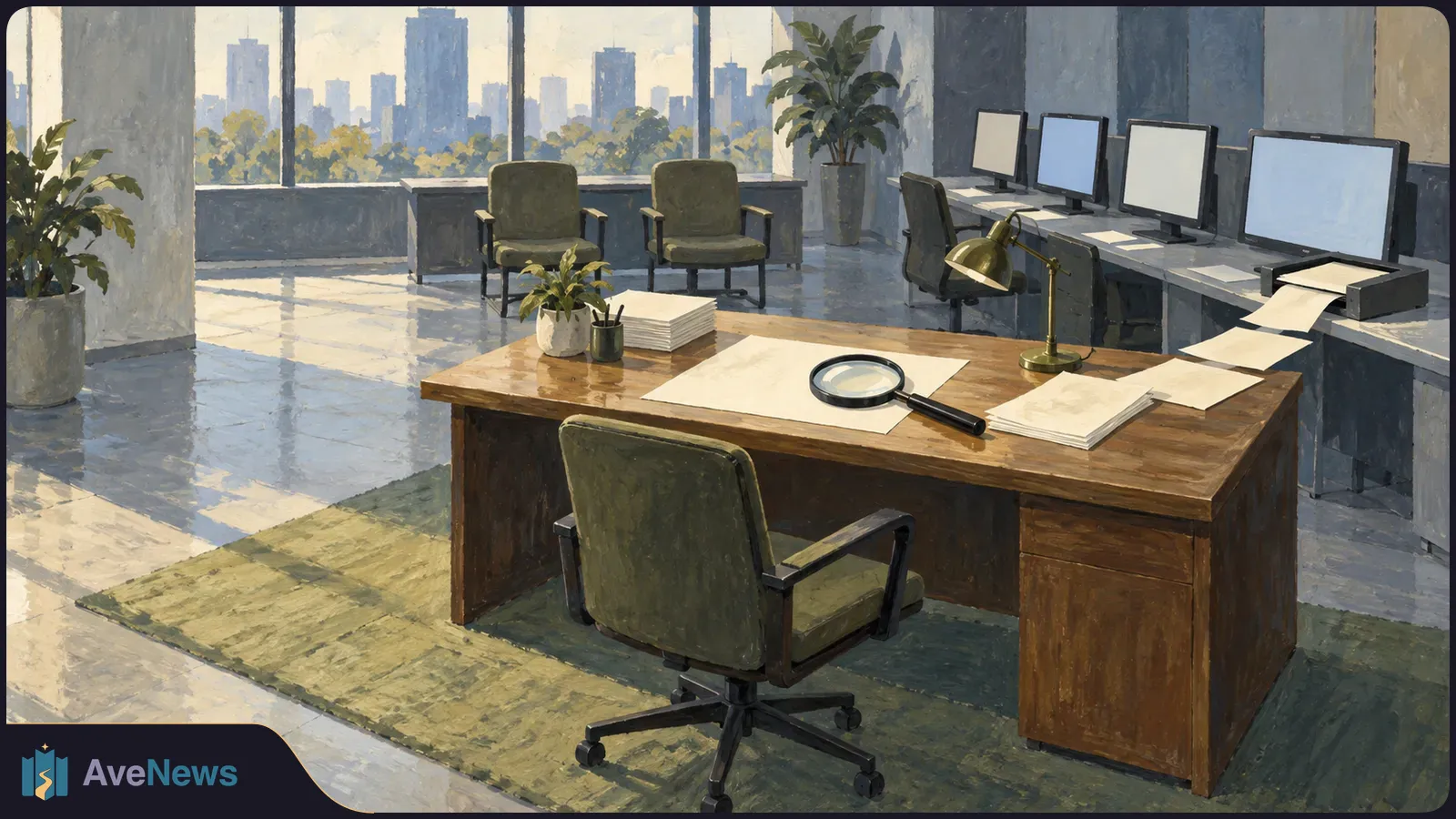 Painted office with a magnifying glass and papers on a wooden desk, blank monitors along the wall, empty chairs, and a city skyline through the windows. SI illustration