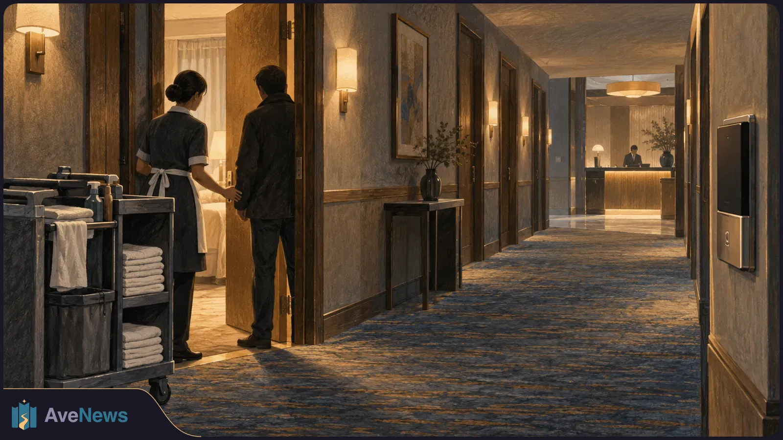 Illustration of a housekeeper beside a cleaning cart letting a man into a room off a hotel corridor; a reception desk is visible in the distance. SI illustration