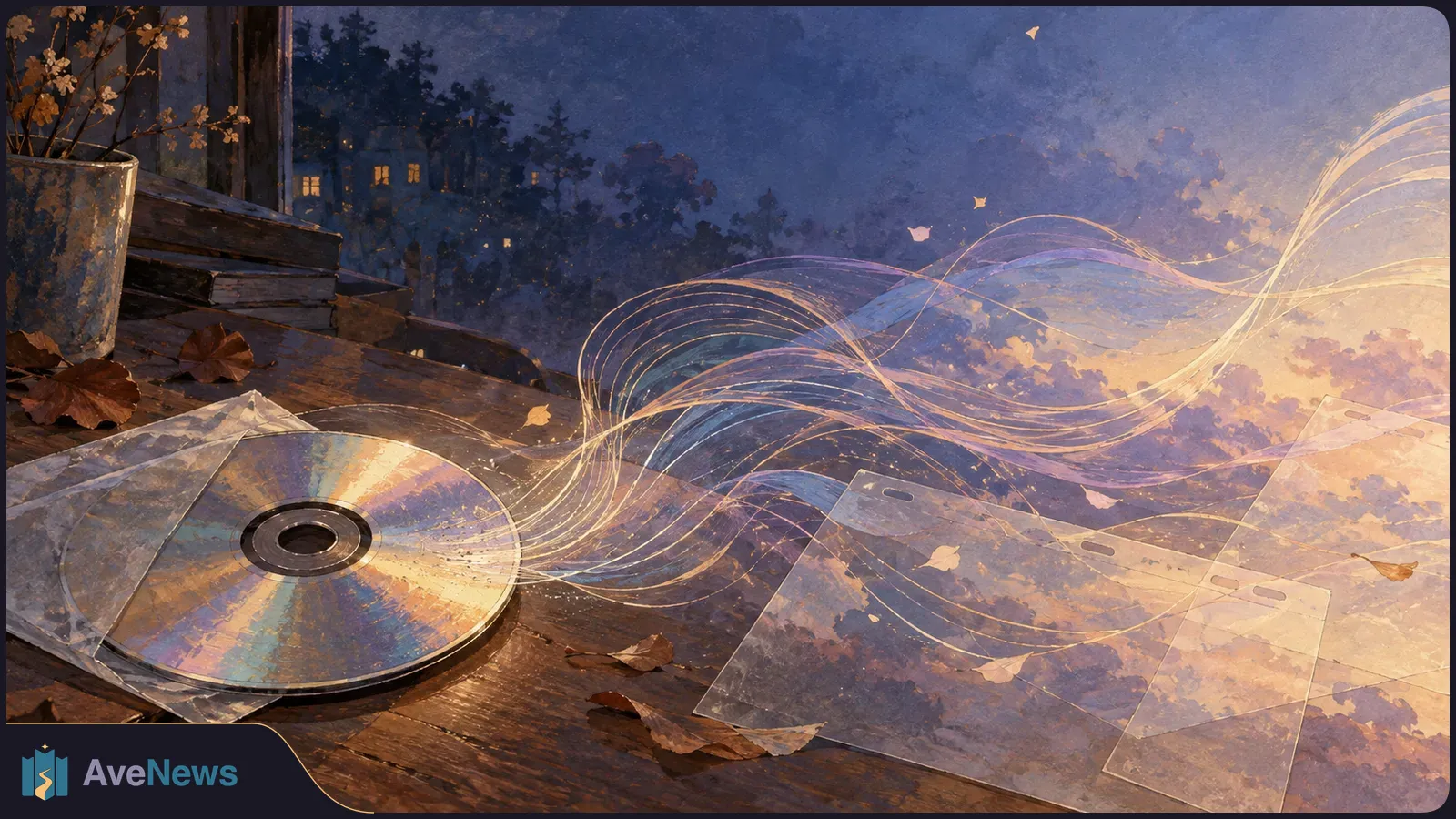 A painted compact disc rests on a wooden table among autumn leaves, while glowing strands sweep from it across translucent sheets into the twilight. SI illustration