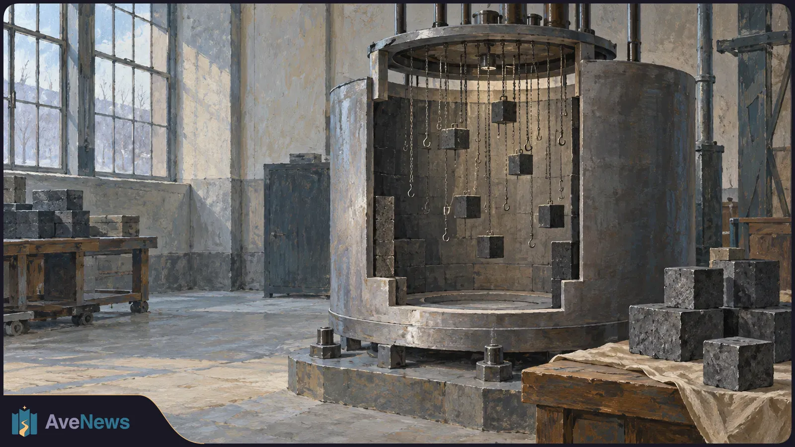 Painted workshop scene with a large open cylindrical apparatus holding chains and suspended cubes; more dark cubes rest on tables nearby. SI illustration