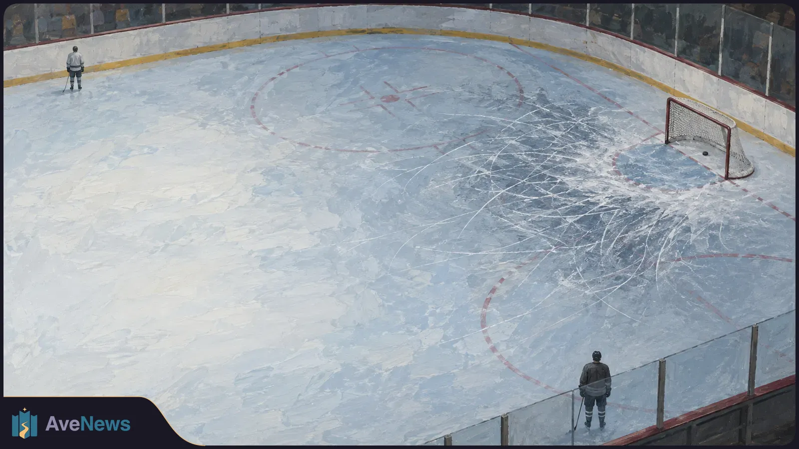 Painted overhead view of an ice hockey rink with two distant skaters, a goal, a puck and dense skate marks on the ice. SI illustration