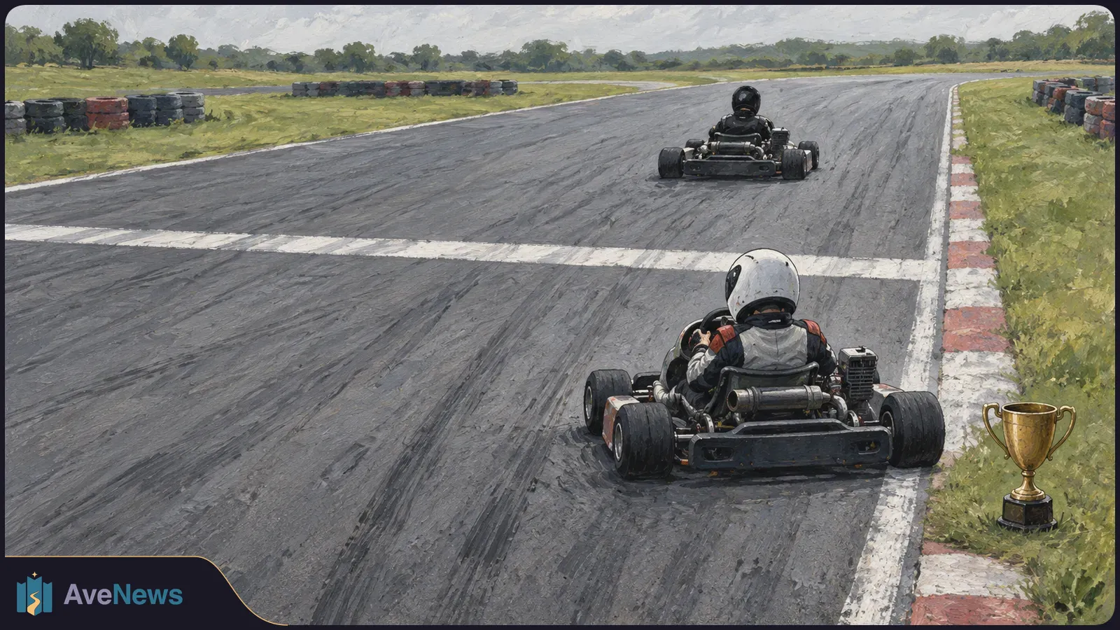 Painted view of two helmeted drivers in go-karts on a racetrack, one near the foreground and one farther ahead. A gold trophy stands on the grass beside the track. SI illustration