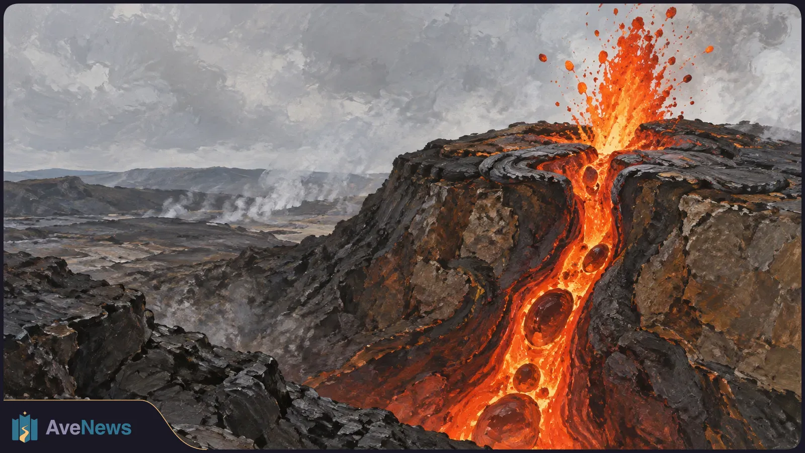 A painting of orange lava spraying from a narrow rocky vent and flowing downhill around dark rounded forms beneath gray clouds. SI illustration