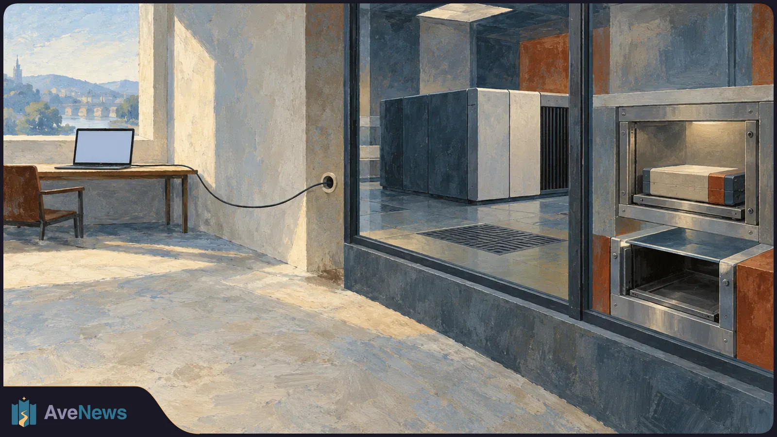 A blank-screen laptop sits on a desk, its cable entering the wall beside a glass-enclosed server room. A box rests in a metal hatch. SI illustration