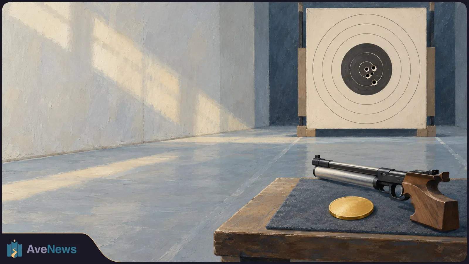 Painted indoor shooting lane with a marked paper target at the far end and an air pistol beside a round gold medal on a wooden table. SI illustration