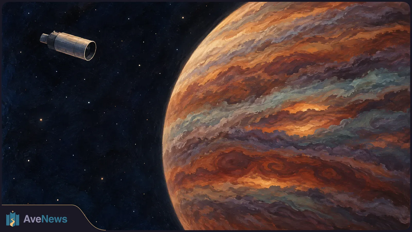 A small telescope-like spacecraft floats beside a huge orange-brown, cloud-banded celestial body against a starry sky. SI illustration