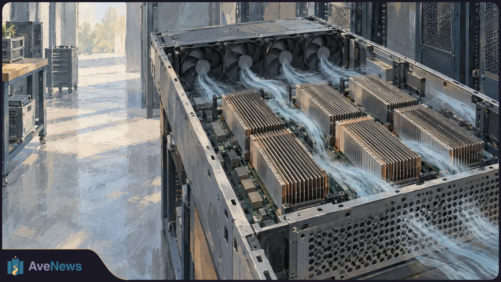 Painted view of an open server chassis with rows of metal heatsinks and cooling fans; pale brushstrokes show air flowing through it. SI illustration