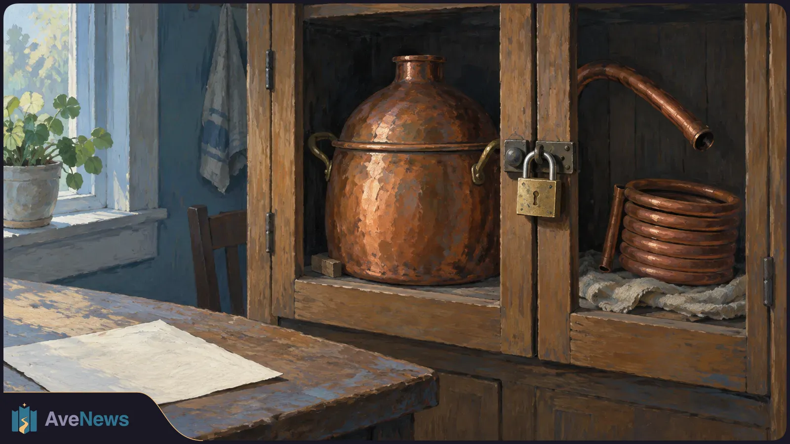 Painterly image of a copper vessel and coiled tubing inside a locked wooden cabinet, beside a window and a table with a blank sheet of paper. SI illustration