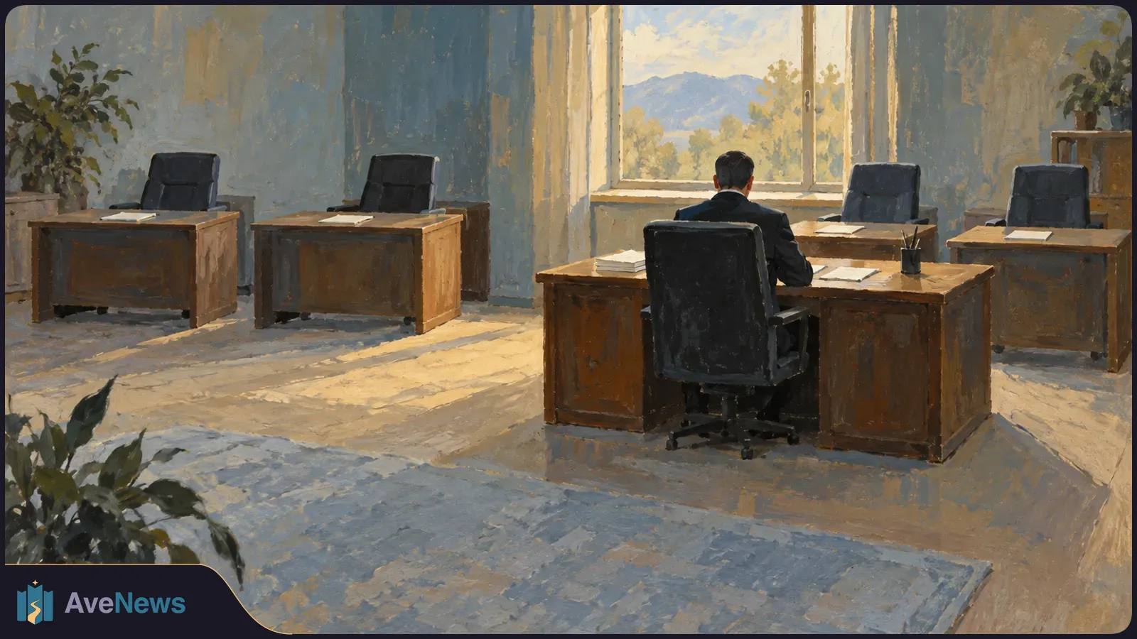 Painted office scene with a man seen from behind at a wooden desk, several empty desks and chairs, potted plants, and a sunlit window overlooking hills. SI illustration