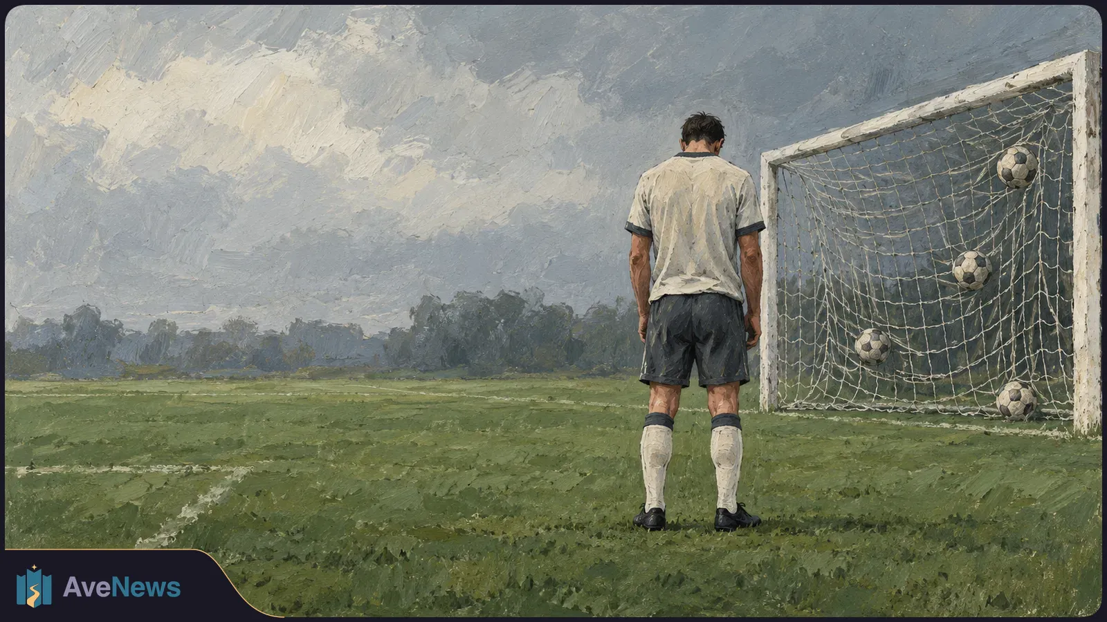 A painted scene shows a soccer player from behind on a grassy field, facing a goal with four balls caught in its net beneath a cloudy sky. SI illustration