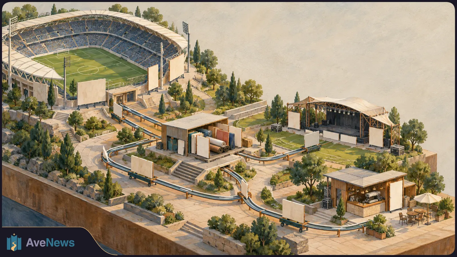 Isometric illustration of a soccer stadium, concert stage and coffee stand linked by winding tracks carrying blank display boards. SI illustration