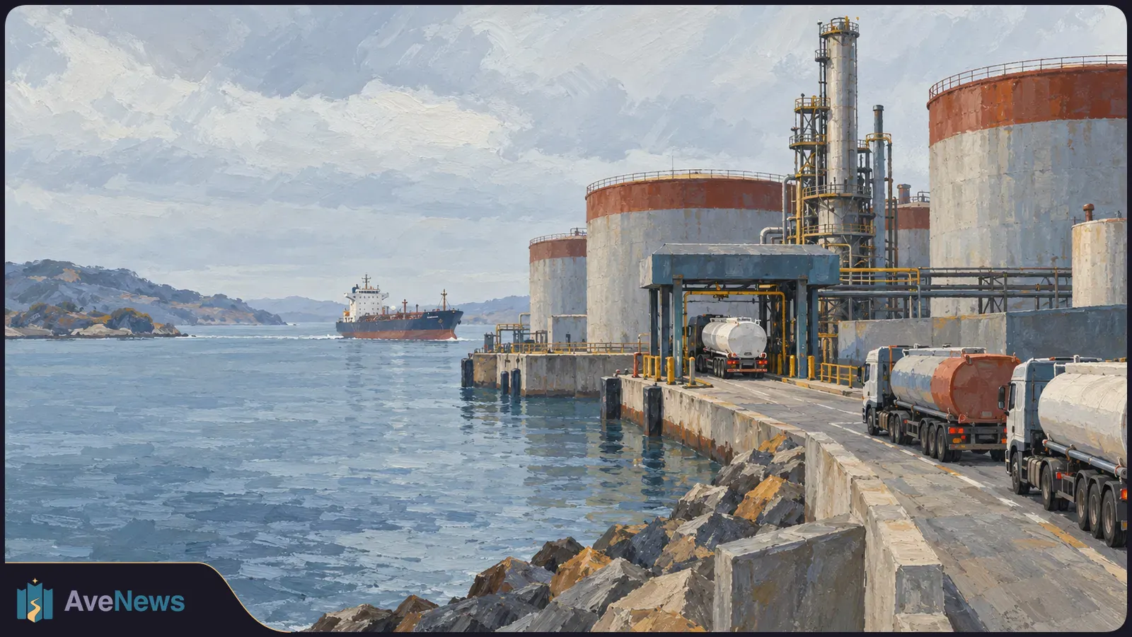 Painted coastal fuel terminal with large storage tanks, three tanker trucks on a quay, and a ship offshore beneath a cloudy sky. SI illustration