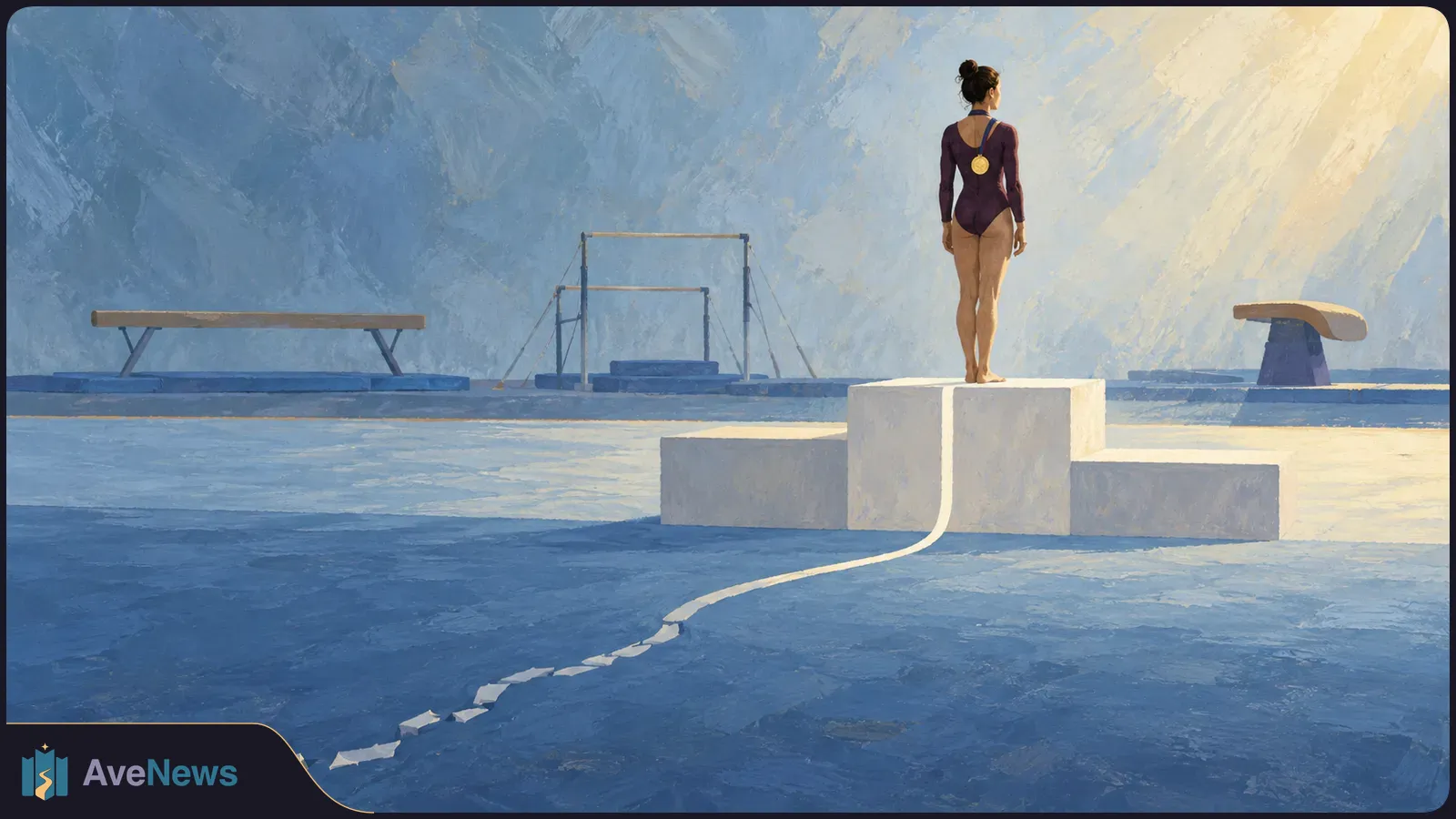 Painted illustration of a gymnast wearing a gold medal on a white podium, seen from behind in a blue gym with a balance beam, uneven bars and vaulting table. SI illustration