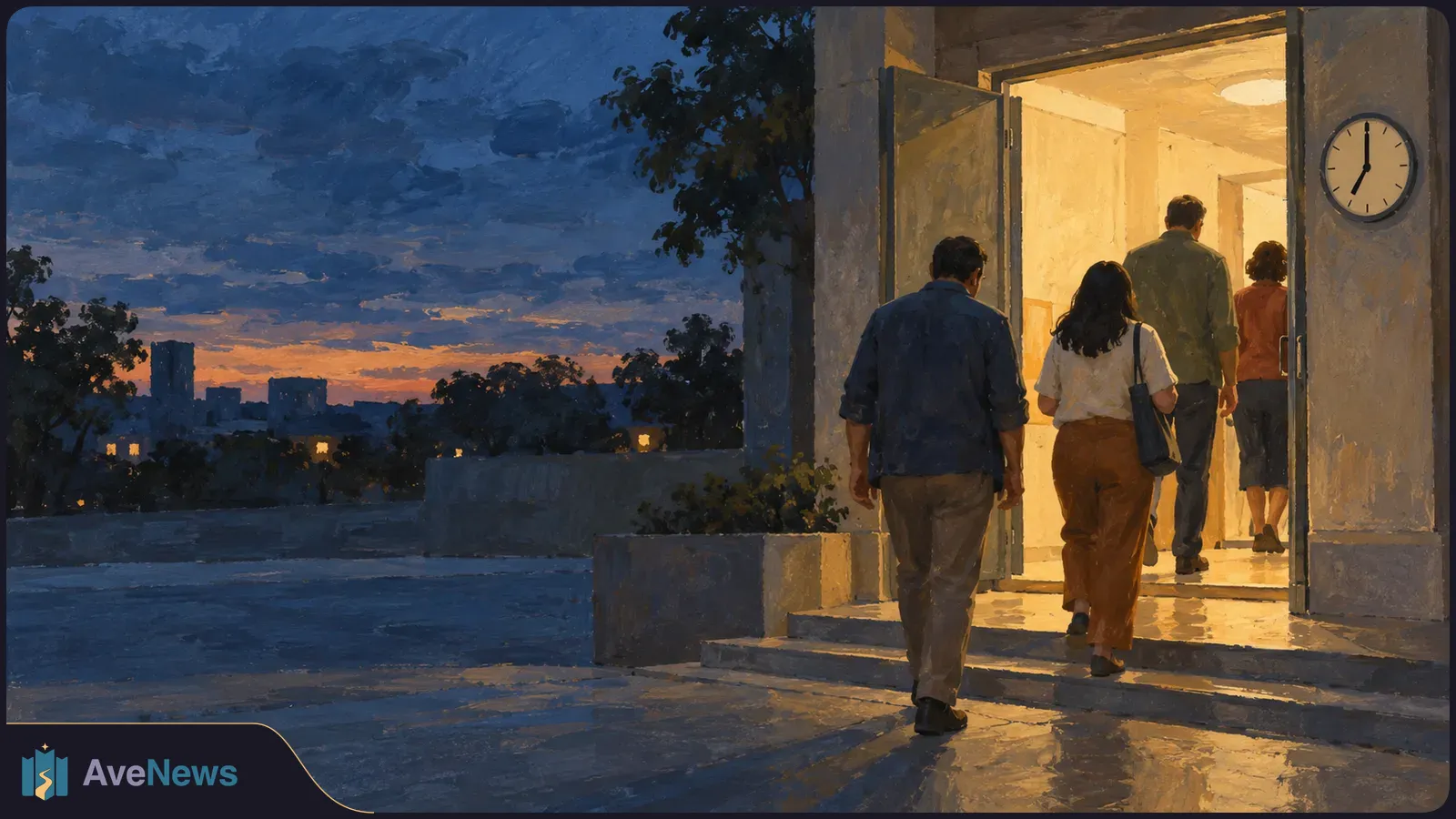 Painterly scene of four people walking into a brightly lit building at dusk, with a wall clock beside the doorway and a dark city skyline in the distance. SI illustration