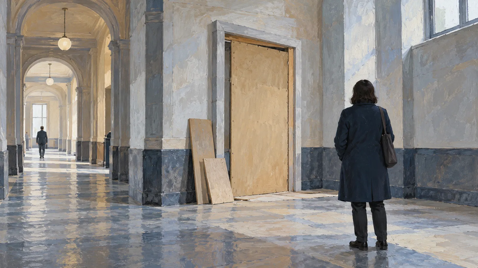 A painted scene shows a person in a dark coat facing a plywood-covered doorway in a bright, arched hallway. Another person walks away in the distance. SI illustration