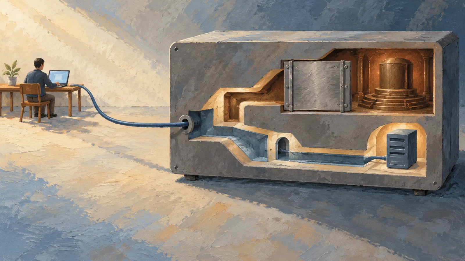 A person at a laptop connects by cable to a large cutaway machine containing a metal panel, a domed chamber and a small server-like box. SI illustration