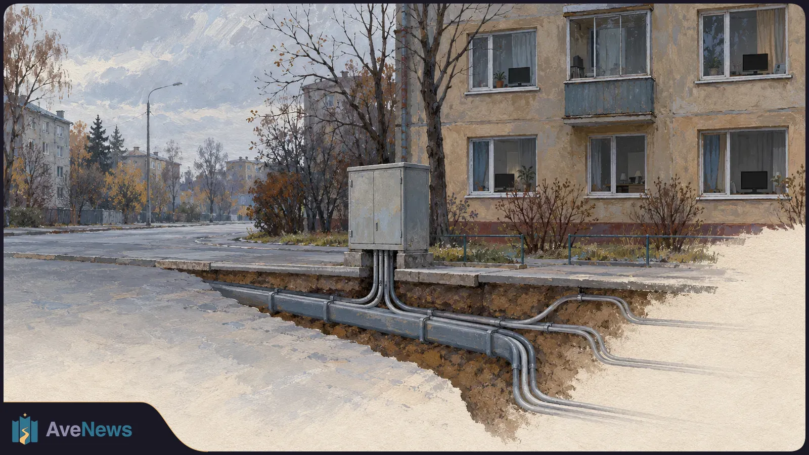 Painted street scene beside an apartment building, with a cutaway beneath the pavement revealing conduits connected to a roadside utility cabinet. SI illustration