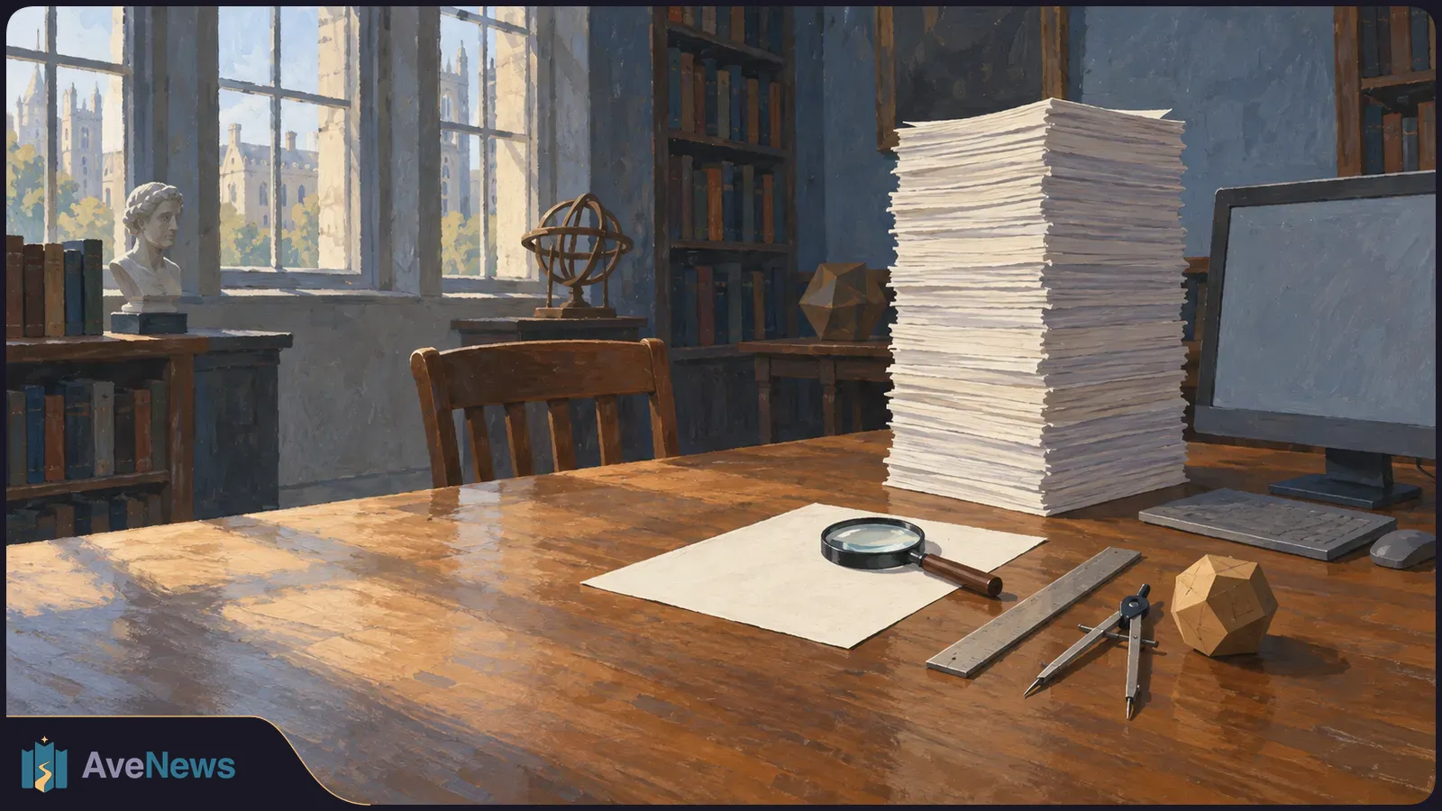A painted study with a tall stack of papers on a wooden desk, beside a magnifying glass, ruler, compass and blank monitor. Bookshelves and sunlit windows are behind it. SI illustration