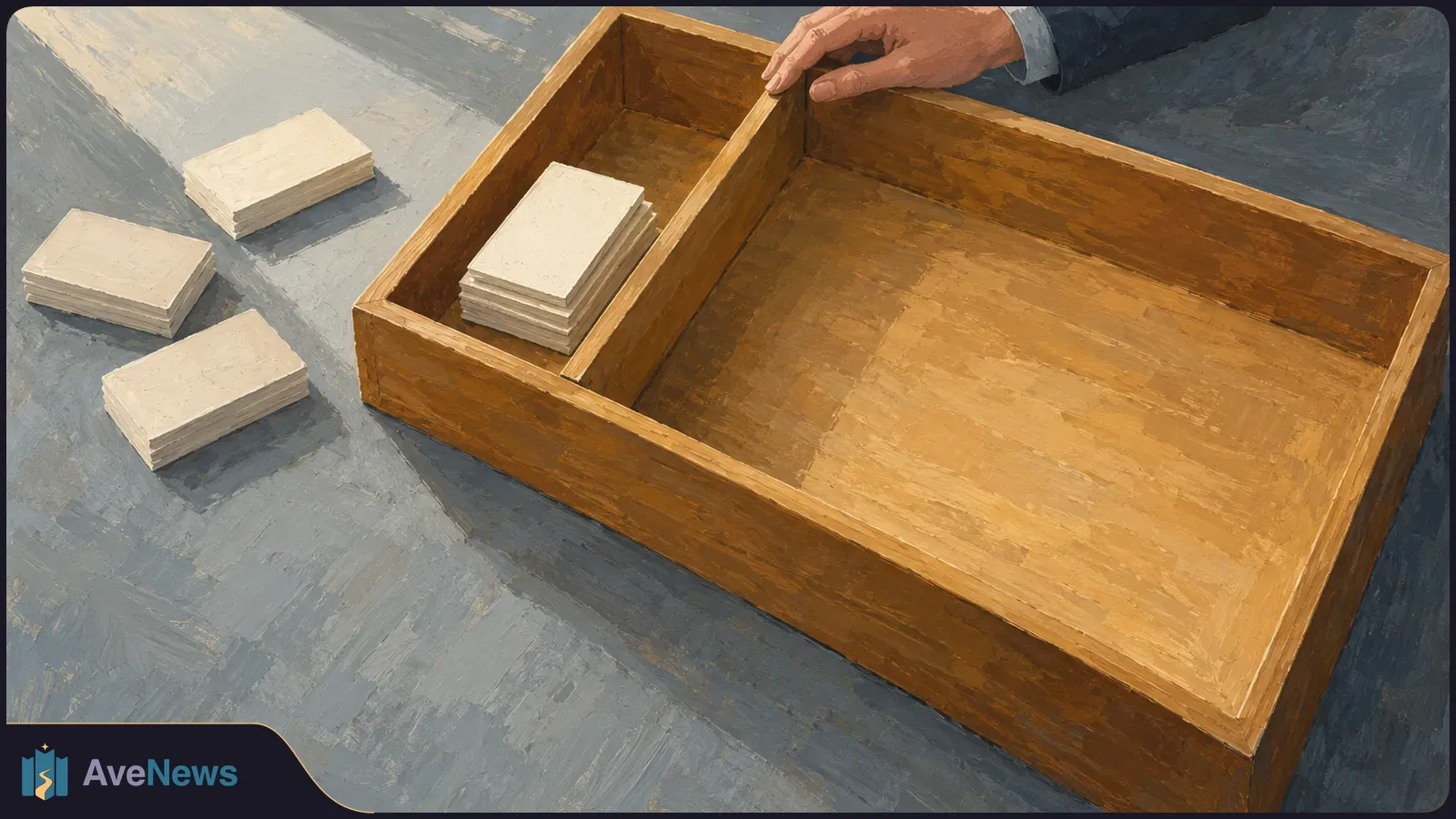 Painted illustration of a hand above a divided wooden tray, with a stack of blank cards in one section and three more stacks on the gray table beside it. SI illustration