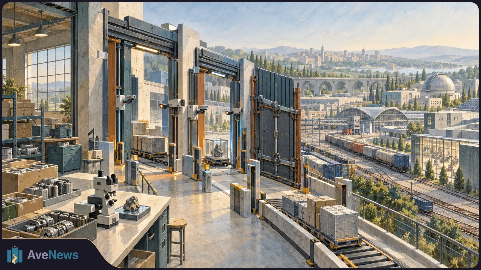 Illustrated industrial workspace with tall gates, crates on conveyors and a microscope; freight trains, a city and hills stretch into the distance. SI illustration