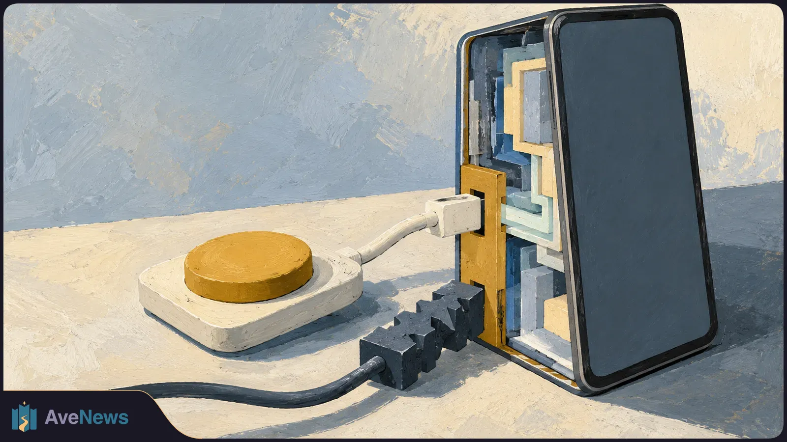 Painterly illustration of a large yellow button on a wired pad beside a smartphone with a blank dark screen and layered shapes inside its frame. SI illustration