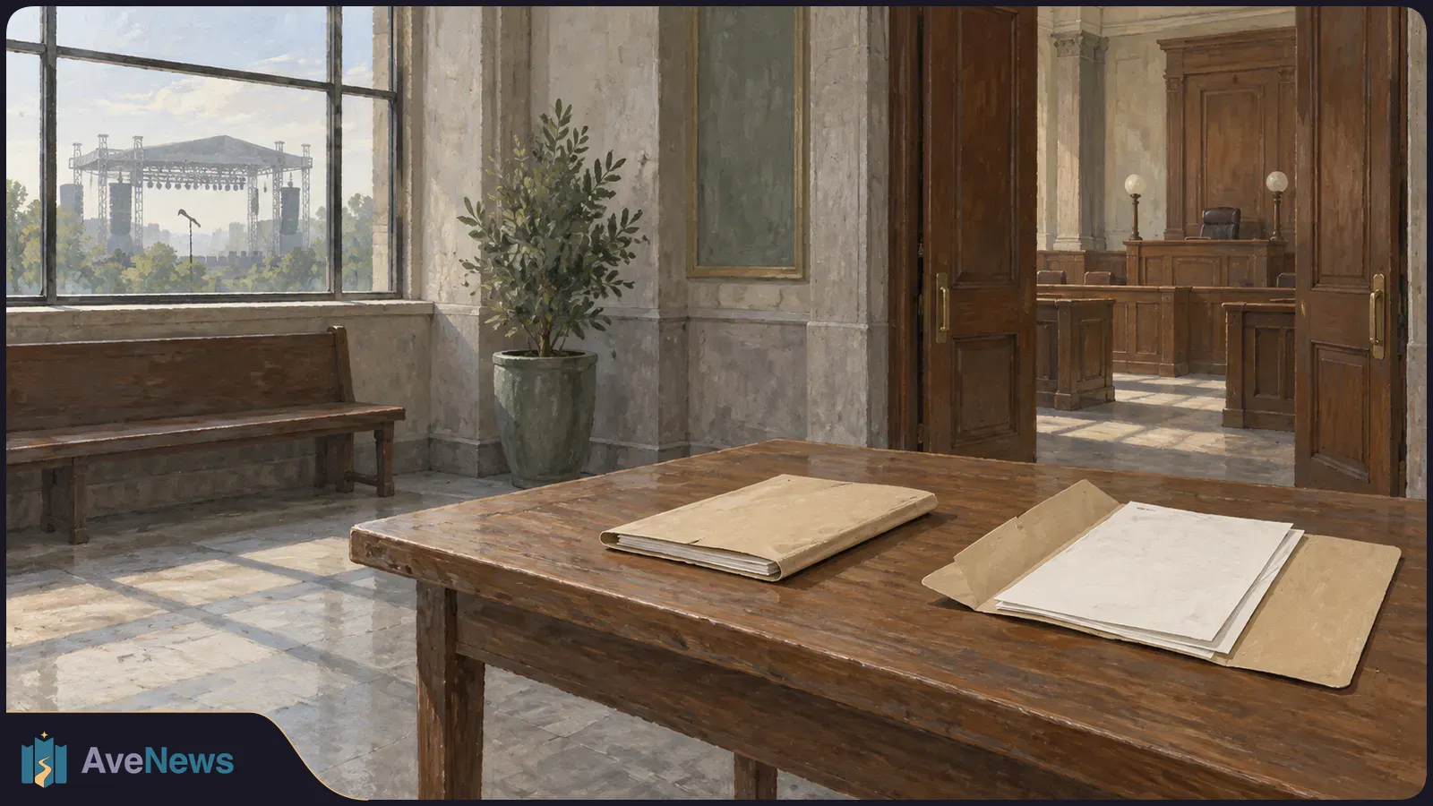 Blank folders and papers lie on a wooden table beside an empty courtroom. An outdoor concert stage is visible through a large window. SI illustration