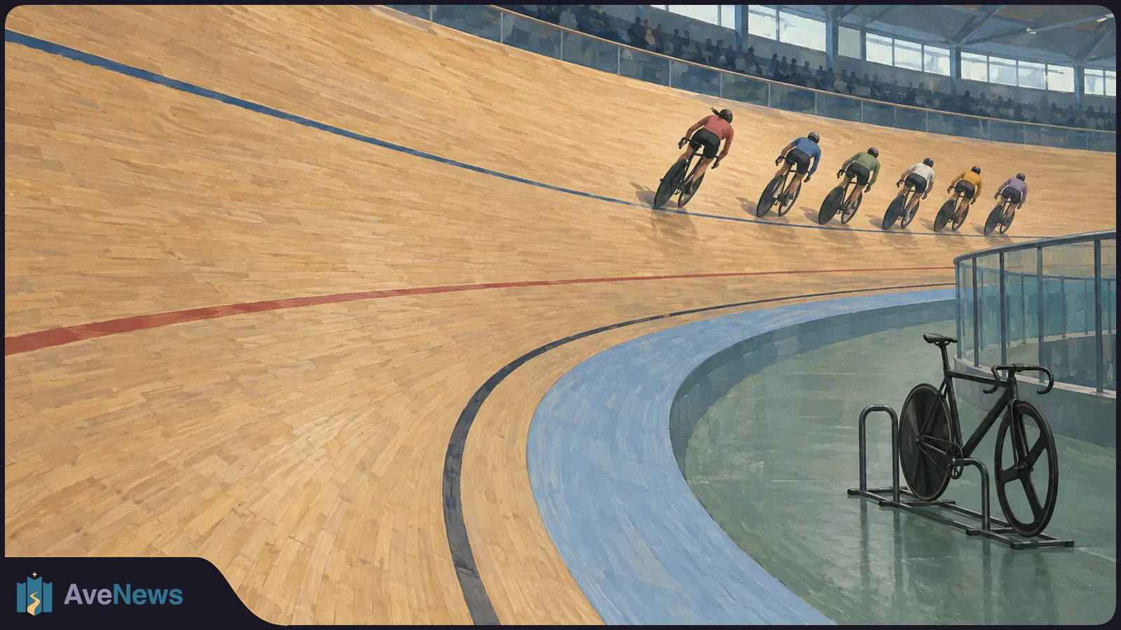 Six cyclists ride around the banked wooden track of an indoor velodrome, with spectators above and a bicycle parked in the foreground. SI illustration