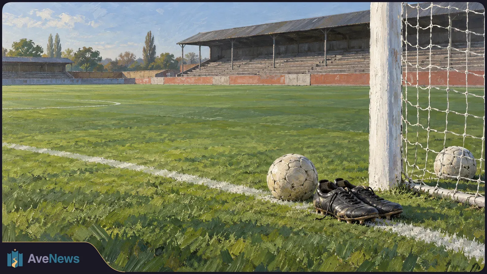 An empty football pitch with a ball and black cleats beside a goalpost, another ball in the net, and vacant stands beyond. SI illustration