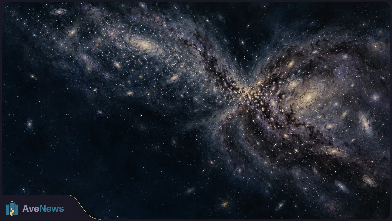 A dense gathering of glowing galaxies and stars spreads across a dark space background, with bright spiral galaxies on either side. SI illustration