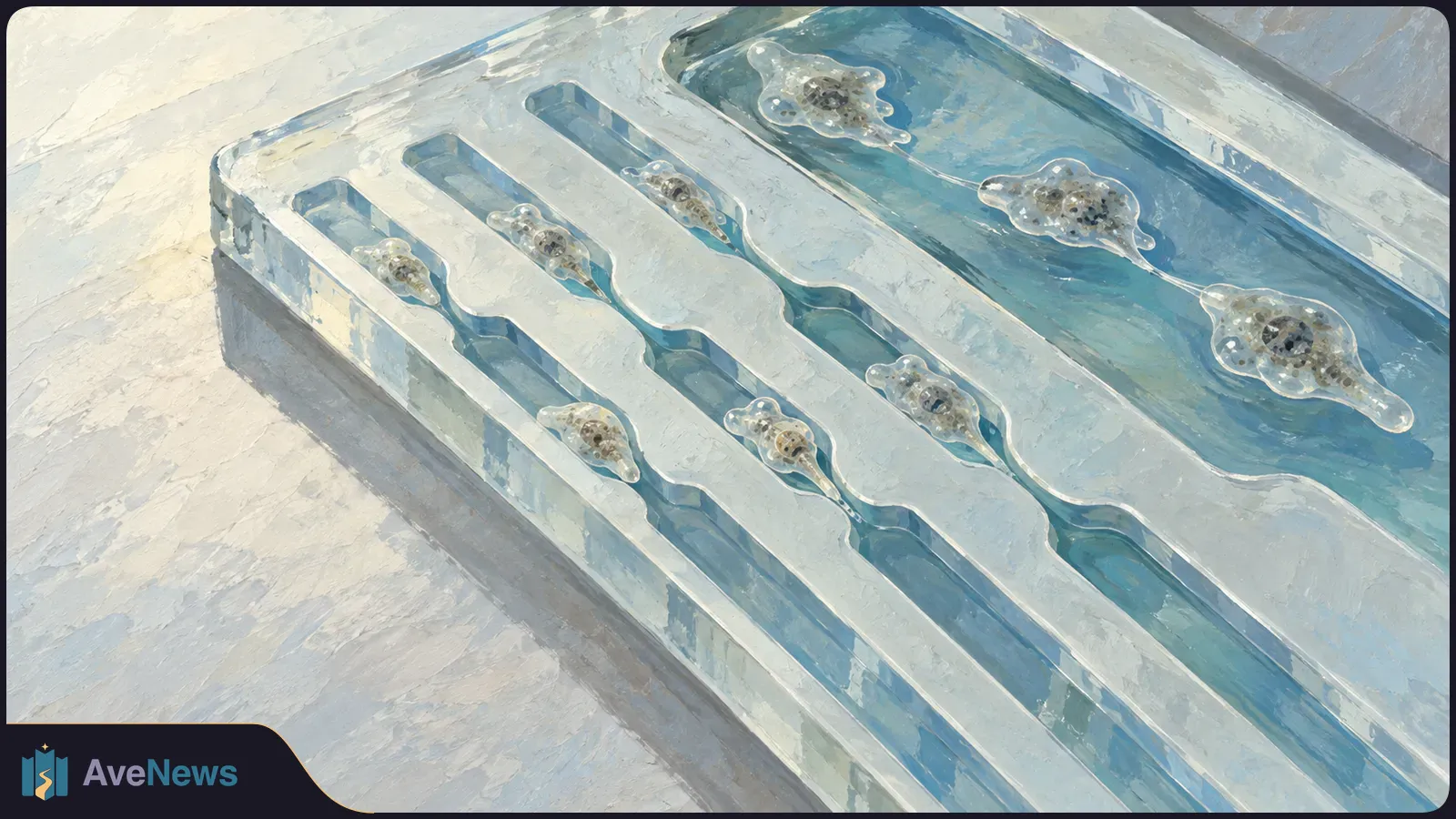 Painterly view of translucent amoeba-like cells in narrow blue channels of a rectangular tray, with three more cells in a wider channel. SI illustration