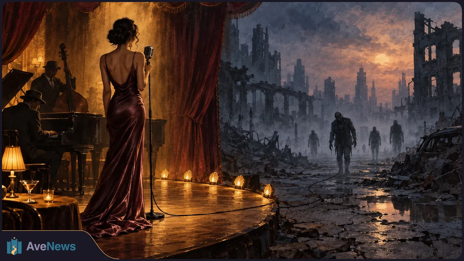 A singer in a burgundy gown stands at a microphone beside a pianist and bassist; beyond the stage, zombie-like figures walk through a ruined city. SI illustration