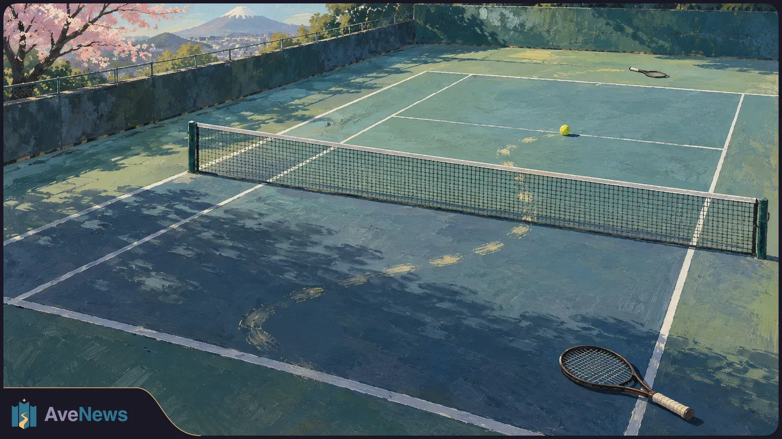 Illustration of an empty tennis court with a net, a ball and two rackets. Cherry blossoms and a snow-capped mountain appear beyond the court. SI illustration