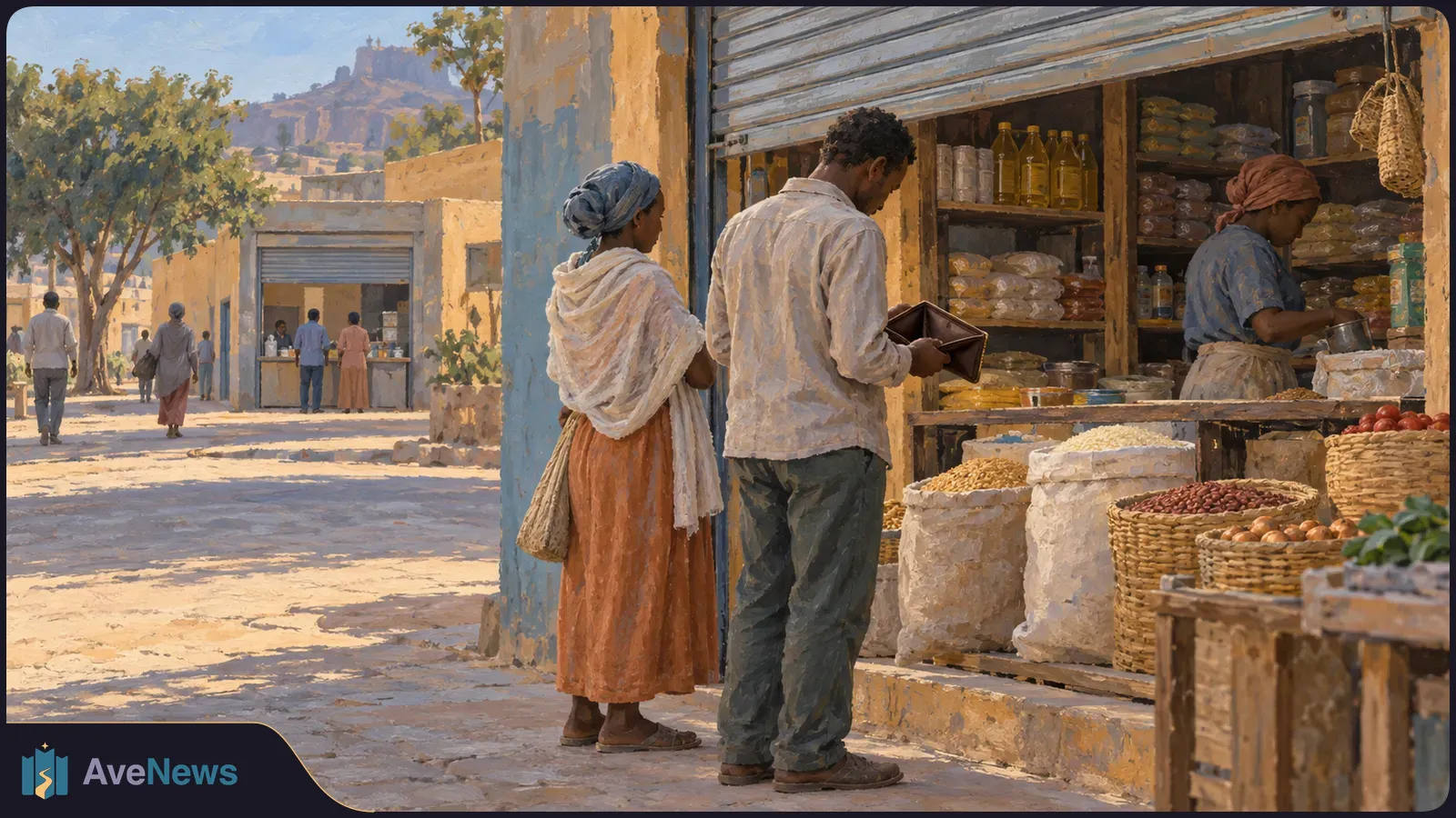 A painted street scene shows shoppers at a small market stall with sacks of grains, baskets of produce and bottles on shelves. Other people walk past shops in the background. SI illustration