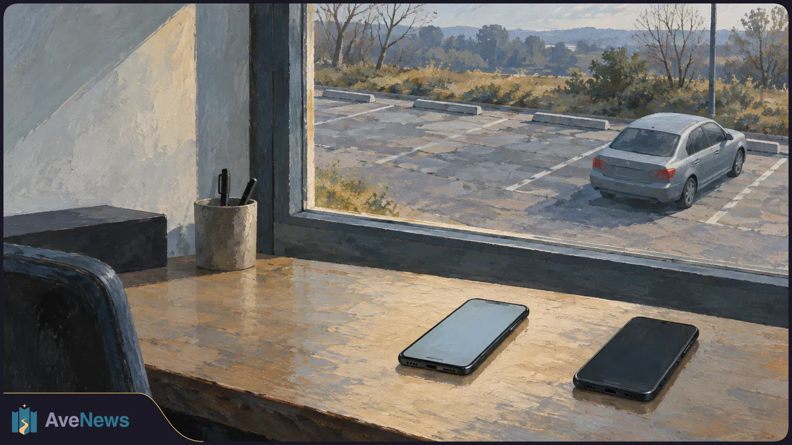 Painted view of two smartphones on a desk beside a window overlooking a parked gray sedan. SI illustration