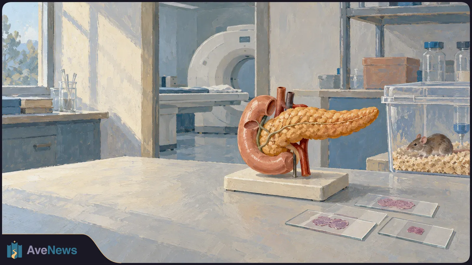Painted laboratory scene with a pancreas model, a mouse in a clear enclosure, tissue slides and a medical scanner in the background. SI illustration