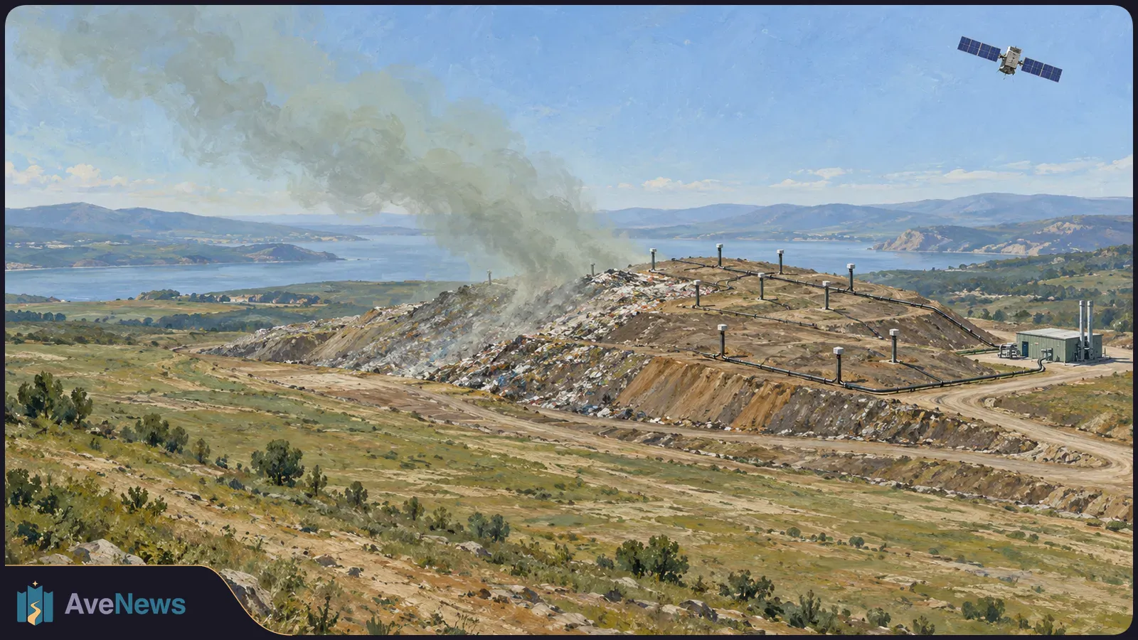 Painted view of a landfill beside a lake, with a gray plume rising above gas-collection pipes and a small utility building; a satellite crosses the sky. SI illustration