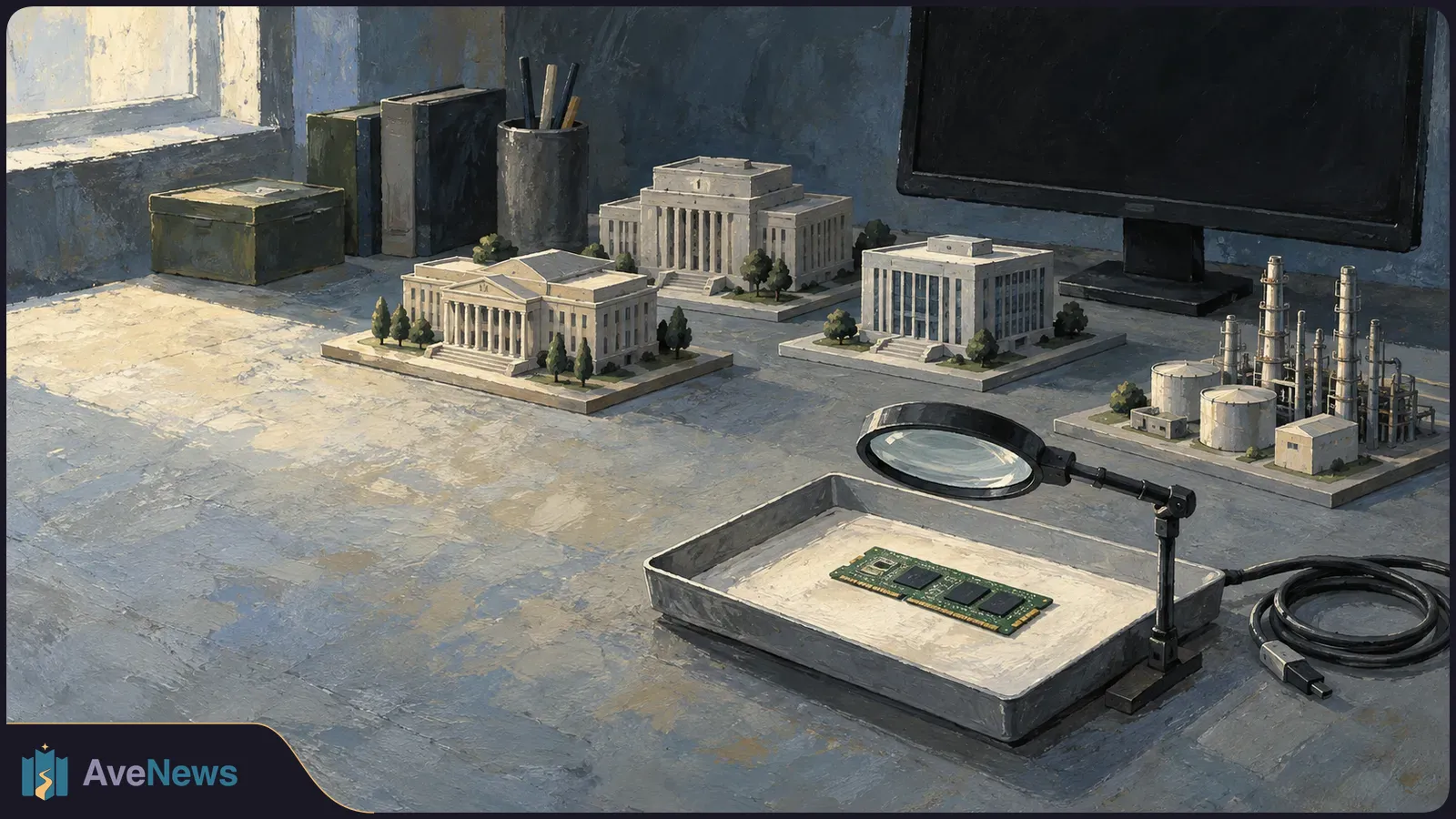 A painted desk scene shows a memory chip in a tray beneath a magnifying glass, with miniature government-style buildings and an industrial plant beside a blank monitor. SI illustration