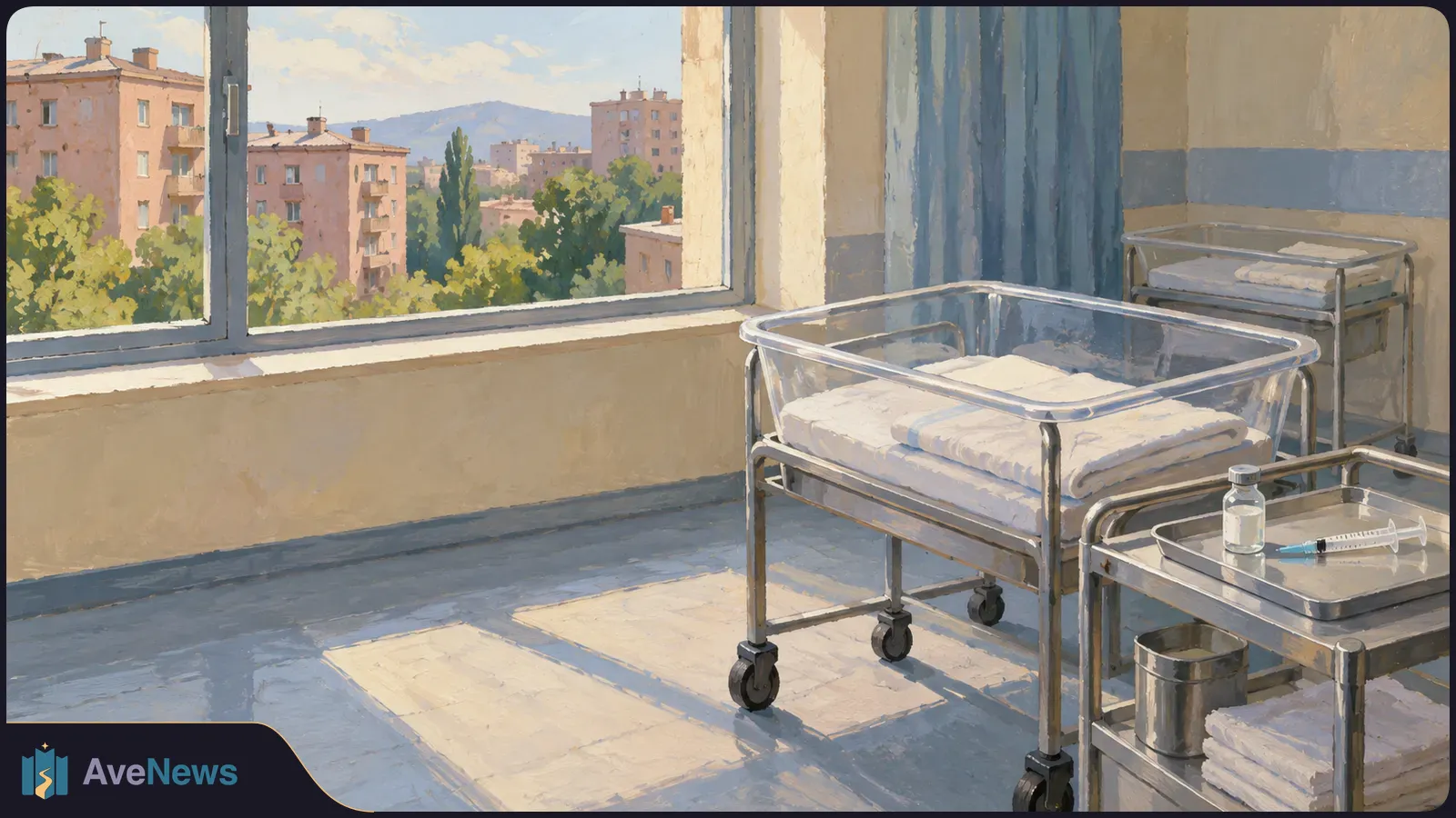 Painted hospital room with an empty newborn bassinet beside a tray holding a vial and syringe. Sunlight enters through a window overlooking trees and apartment buildings. SI illustration