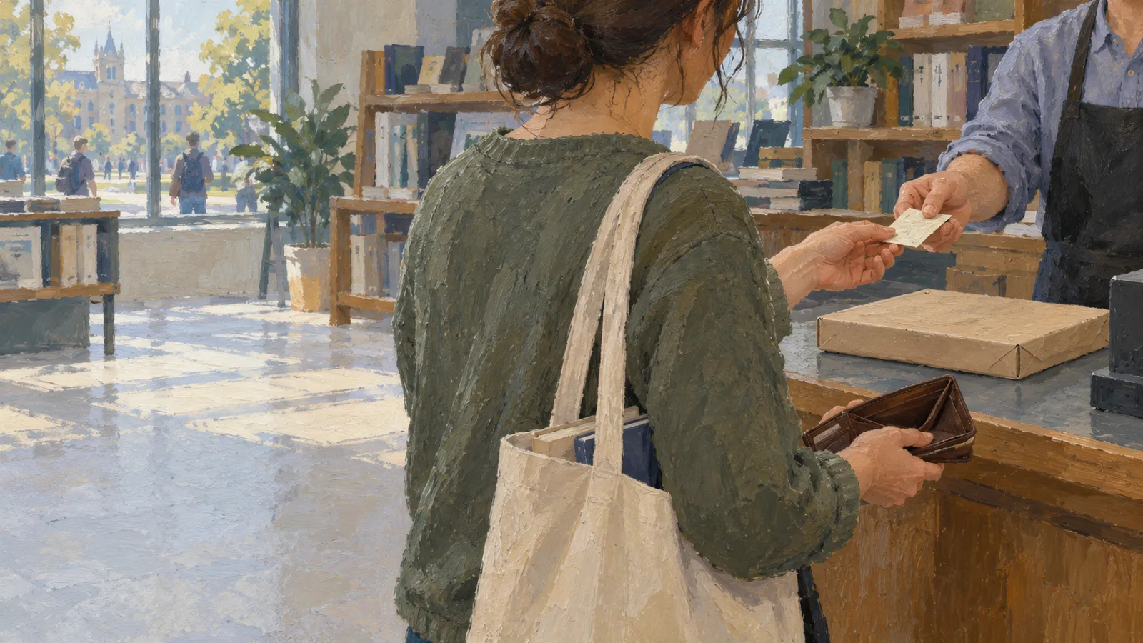 A painted scene of a woman holding an open wallet and exchanging a small slip with a shop worker across a counter. Bookshelves, plants and a window fill the background. SI illustration