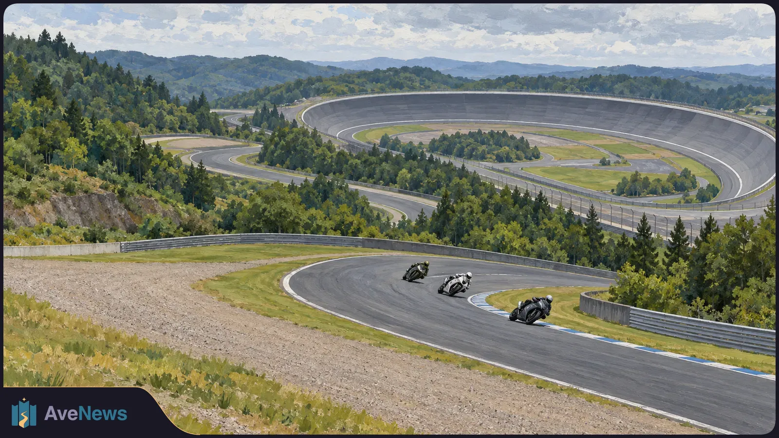 Three helmeted motorcyclists lean through a racetrack bend, with a large banked oval and forested hills behind them. SI illustration