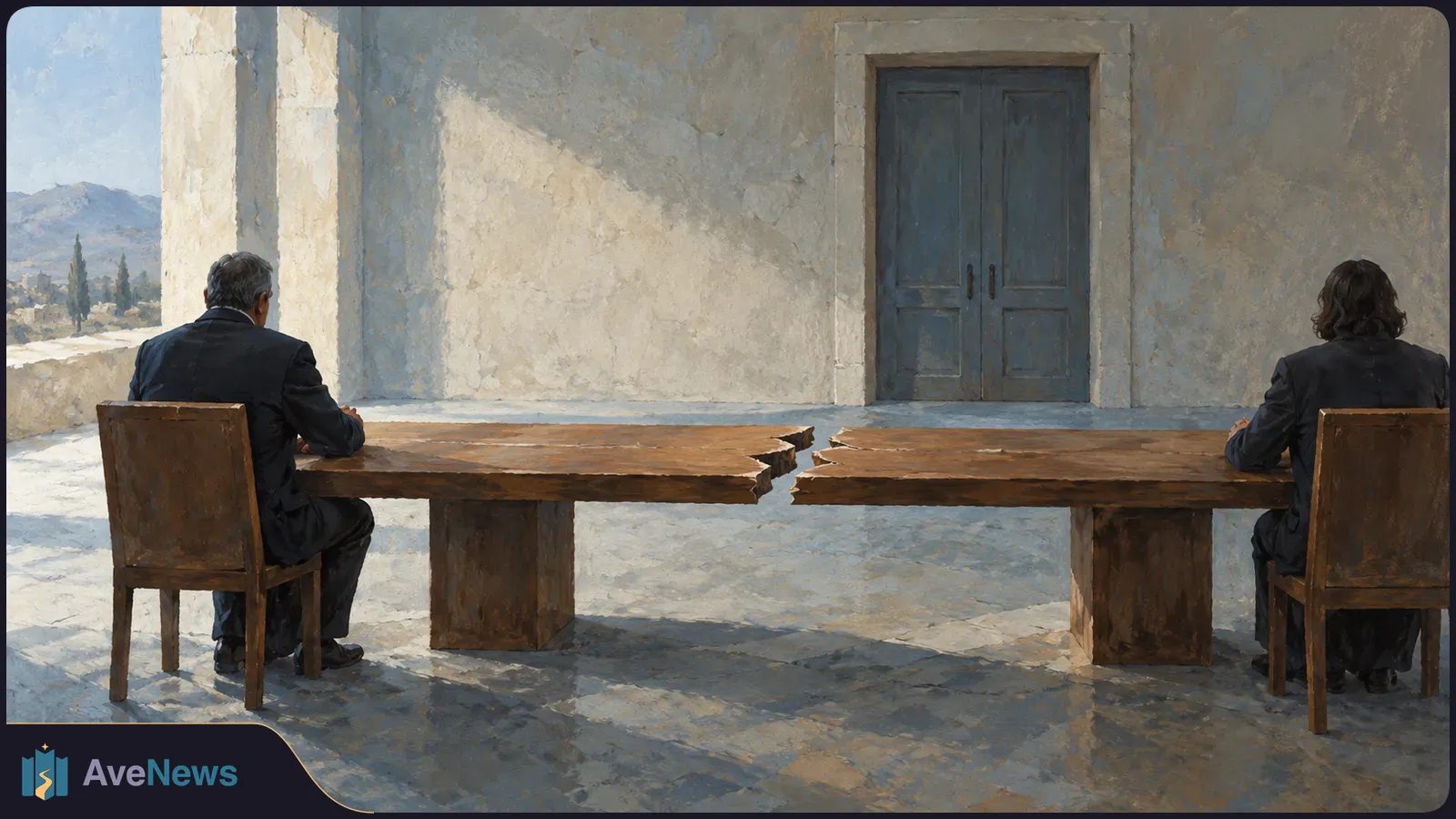 Painterly illustration of two people seated far apart at a wooden table split down the middle, facing a closed blue door in a stone courtyard. SI illustration