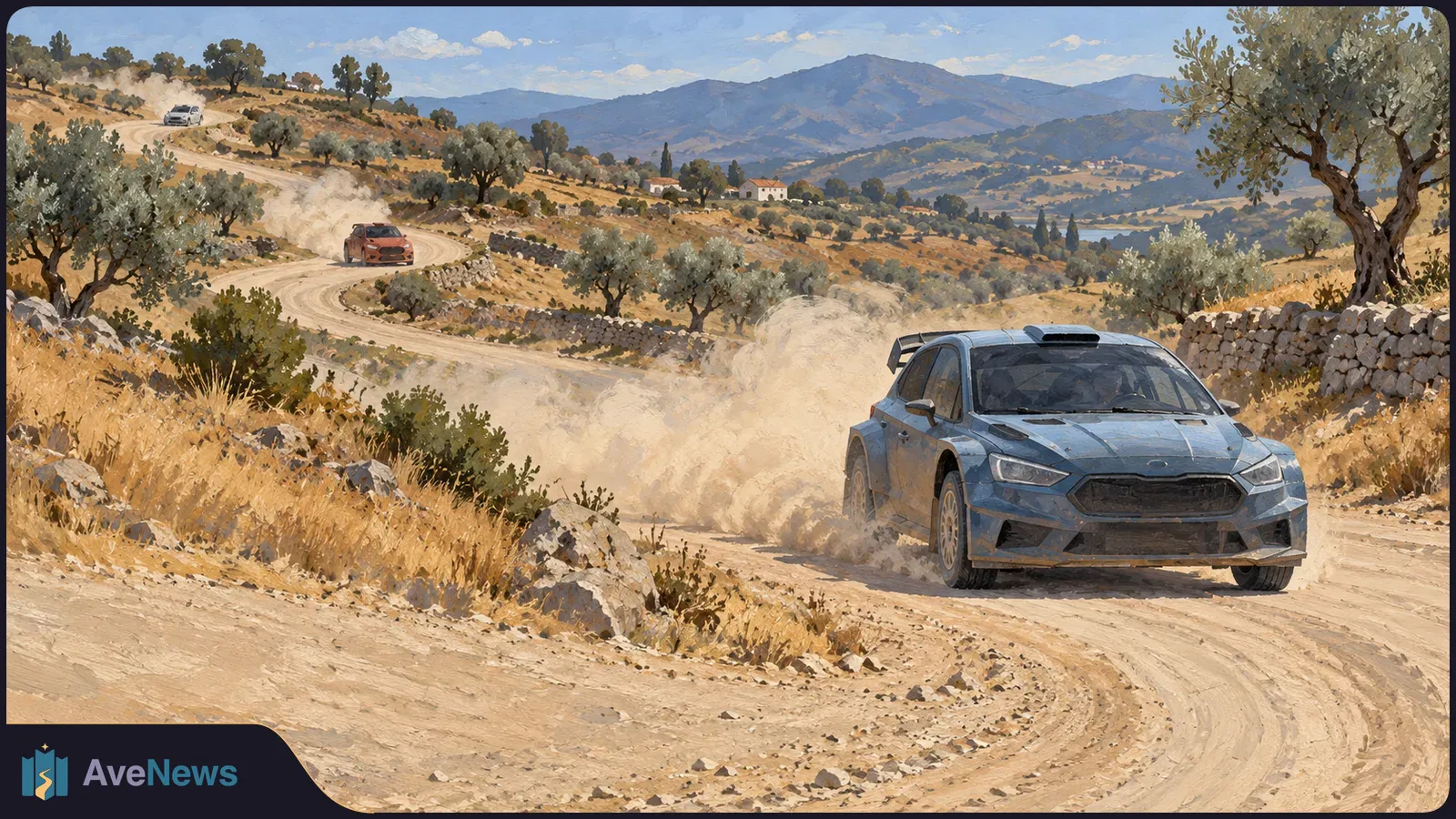 Illustration of a blue rally car kicking up dust on a winding dirt road, with red and white cars behind it among olive trees and distant mountains. SI illustration