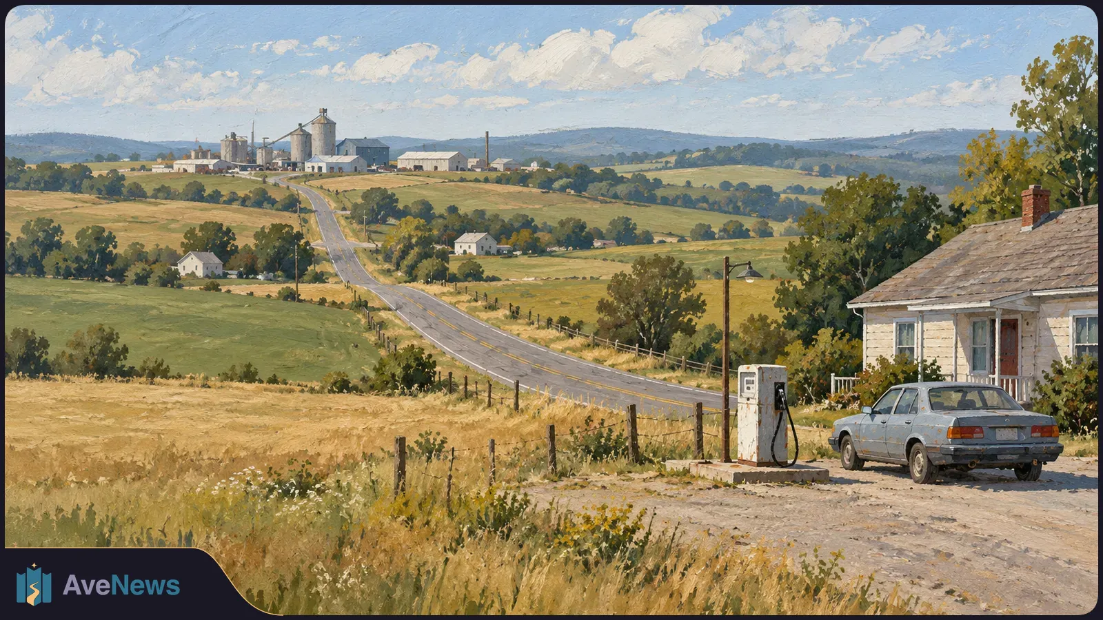 Painted rural scene with a car beside a fuel pump and house; a winding road crosses fields toward distant silos. SI illustration