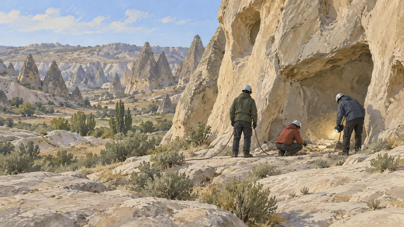 Three helmeted people work beside a rocky opening, with a rope and a light; pointed rock formations rise across the valley behind them. SI illustration