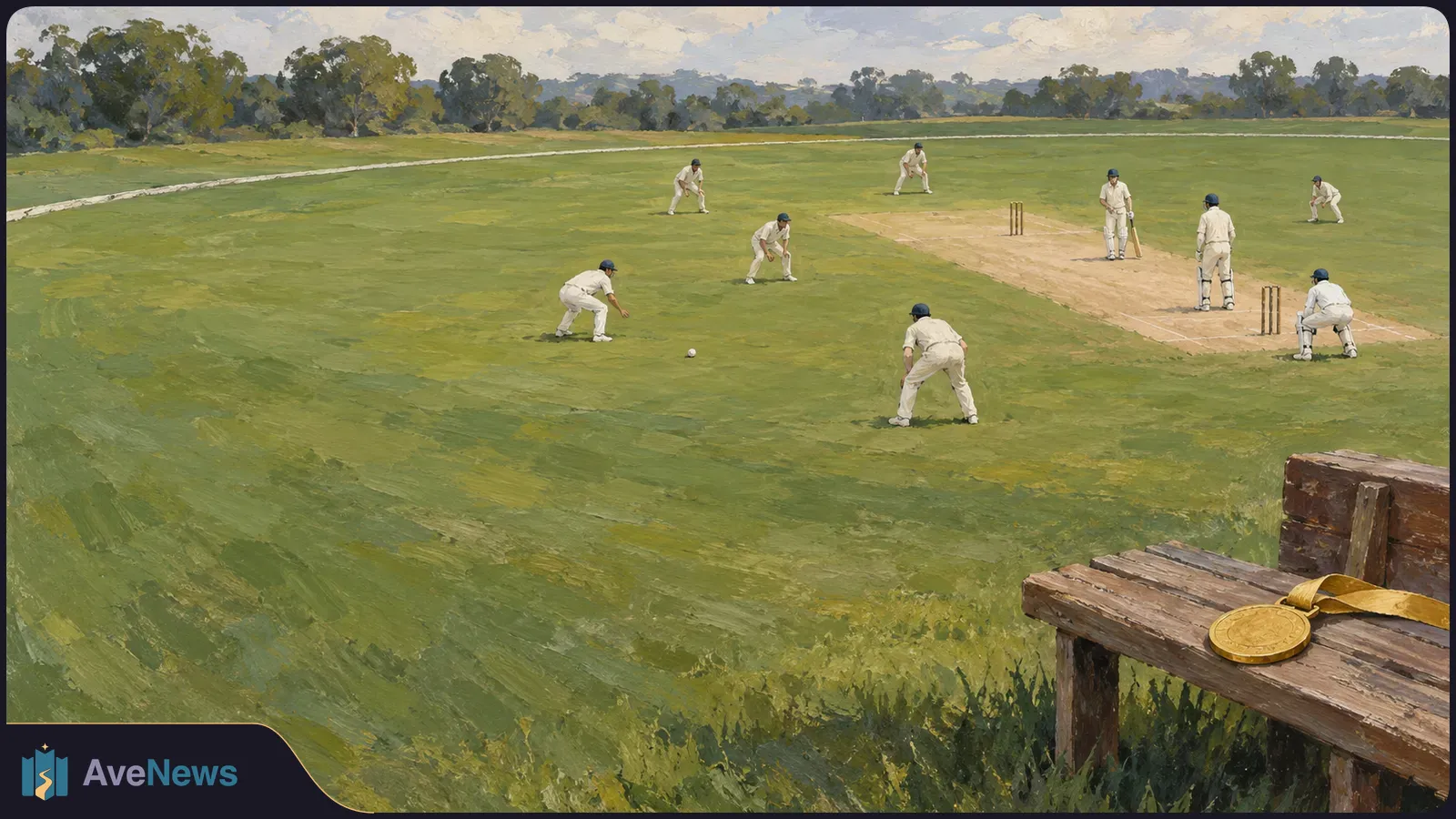 Painted cricket match on a green field, with players around the pitch and a gold medal resting on a wooden bench in the foreground. SI illustration