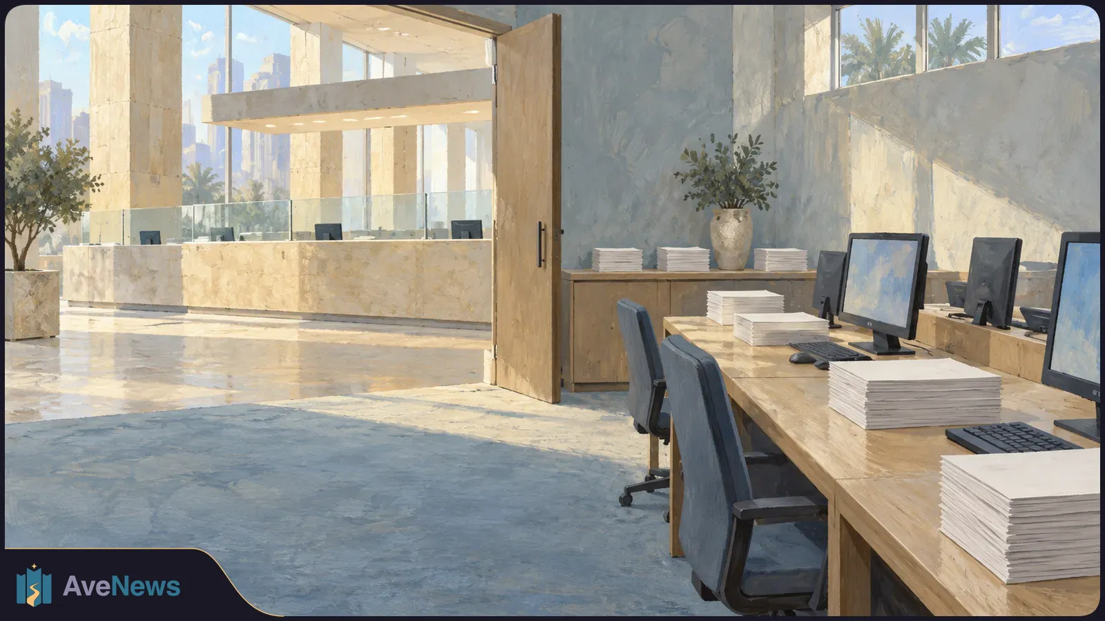 Sunlit office with empty desks, computer monitors and stacks of blank paper; an open door leads to a reception area. SI illustration