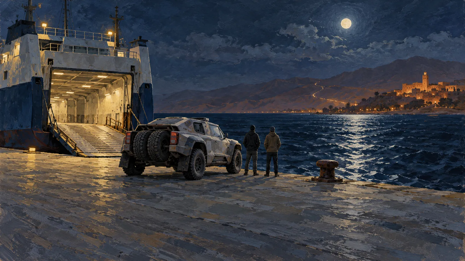 A painted night scene shows two figures beside an off-road vehicle and an open ferry ramp, looking across moonlit water toward a lit coastal town and mountains. SI illustration