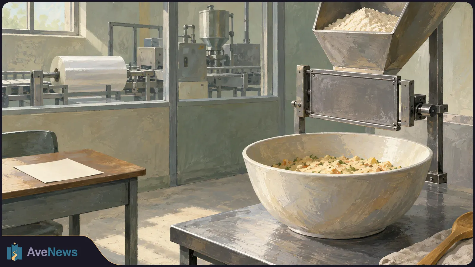Painted food-processing room with a hopper of white powder above a bowl of chopped food. Machinery is visible behind glass, and a blank sheet lies on a table. SI illustration