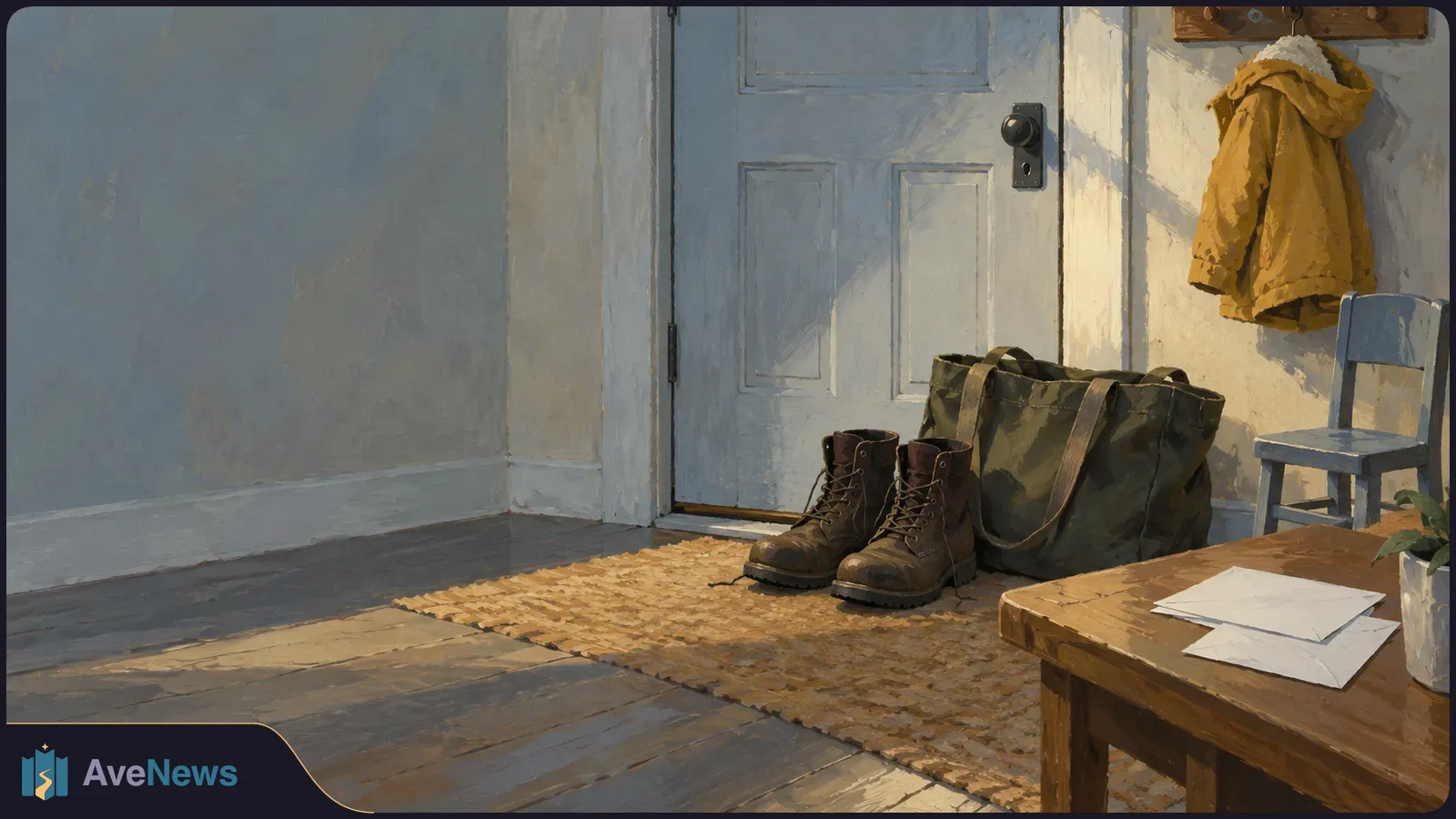 Illustration of an entryway with a closed door, boots and a large bag on a woven rug, a yellow coat on a hook, and papers on a wooden table. SI illustration